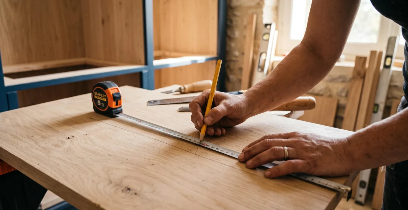 Des mains d'artisan tracent un repère au crayon sur un panneau de dressing en bois.