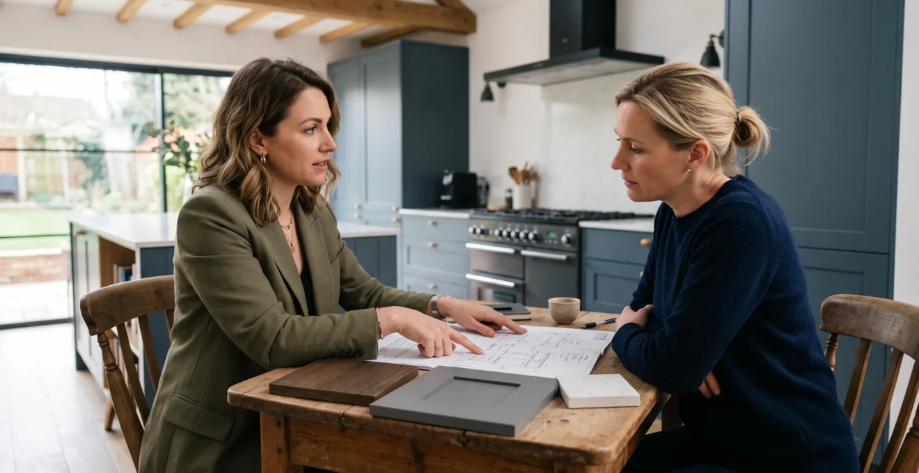 Un cuisiniste et un client examinent des plans de cuisine sur la table.