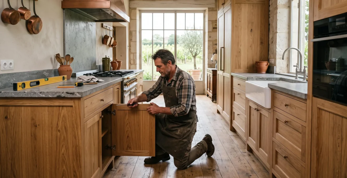 Un menuisier ajuste une porte de cuisine sur mesure en chêne dans une maison rénovée.