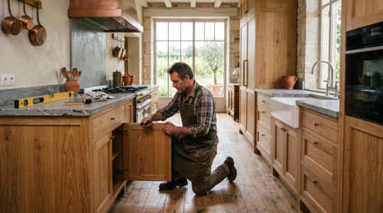 Un menuisier ajuste une porte de cuisine sur mesure en chêne dans une maison rénovée.