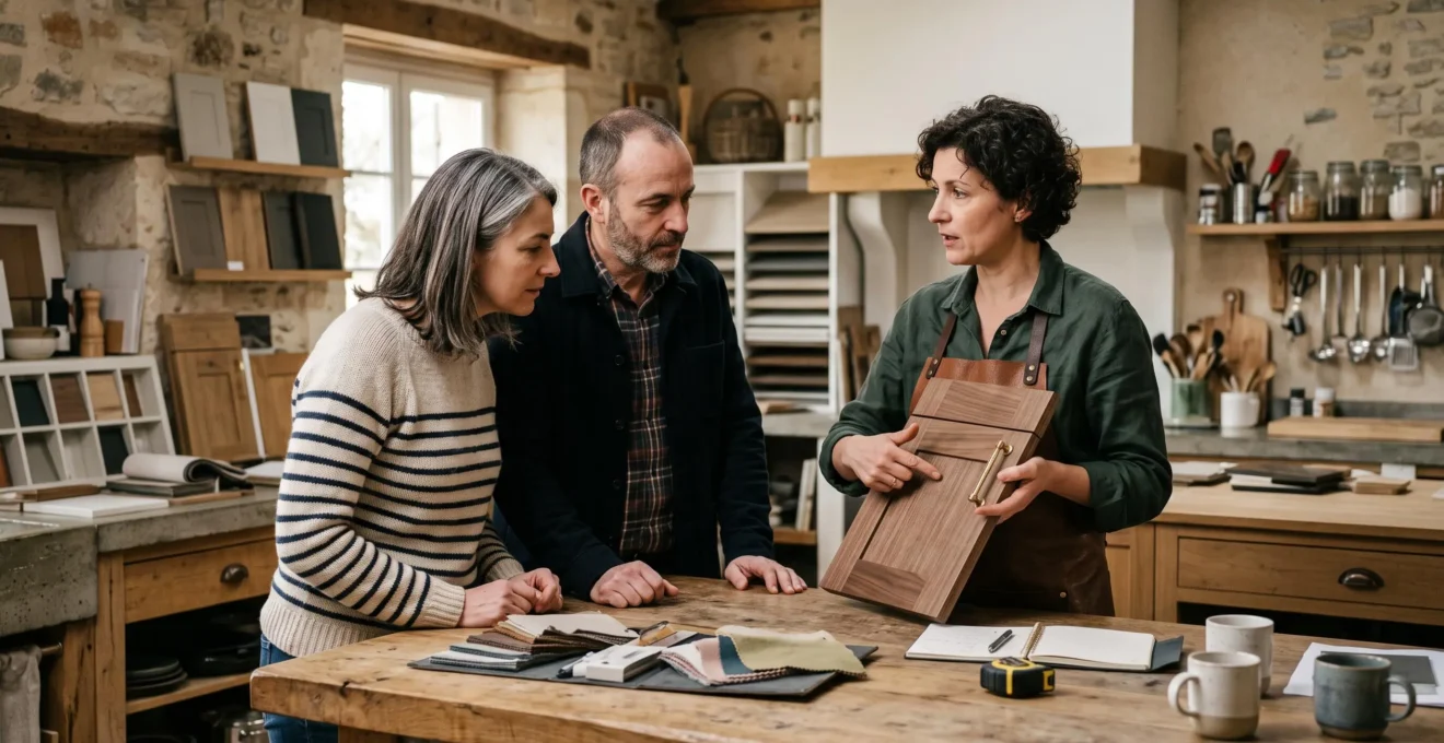 Un cuisiniste présente un échantillon de façade à un couple devant un plan de travail.