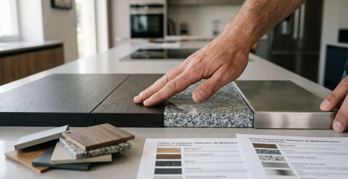 Détail des matériaux de cuisine exposés pour évaluer la qualité du cuisiniste.