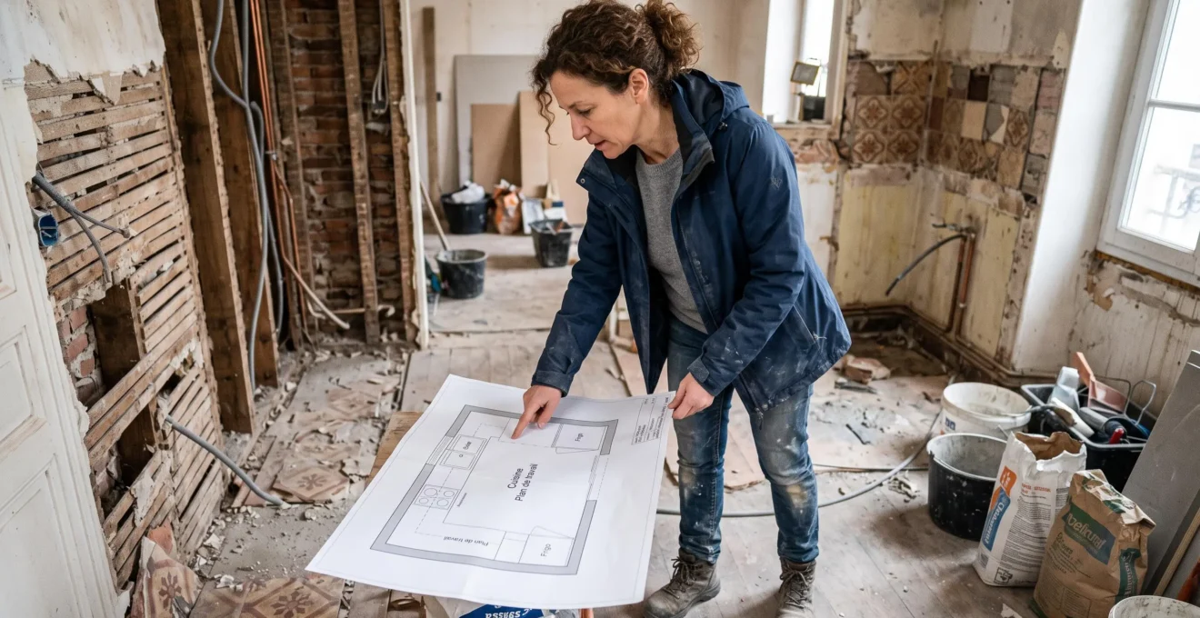 Client en pleine rénovation, examinant l'état des lieux avant l'aménagement de la cuisine.